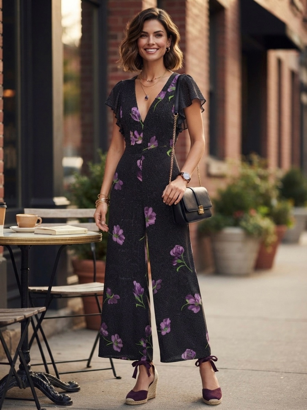 Urban Outfitters Black Jumpsuit with Purple Floral Print